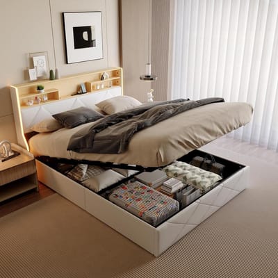 Tweepersoonsbed met Opbergruimte - Gestoffeerd Bedframe - Moderne Slaapkamer - Geïntegreerde LED en USB - 140 x 200 cm - Wit