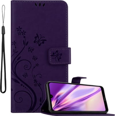 Cadorabo Hoesje geschikt voor Huawei Y7 2019 / Y7 PRIME 2019 in BLOEMEN DONKER PAARS - Beschermhoes in bloemmotief met magnetische sluiting, standfunctie en kaartsleuven Book Case Cover Etui