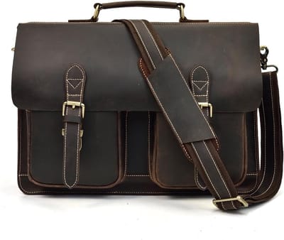 Stijlvolle Vintage Leren Aktetas voor 14 Inch Laptop, Duurzame Desk Bag van Echt Buffelleer, Perfect voor Zaken en Vrije Tijd