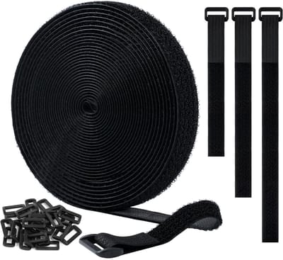 Dailygoods - Ainiv Kabelriemen, 5 m (breedte: 25 mm) Verstelbare Vrije Snijlengte, Herbruikbare Zelfklevende Tape Kabelbinders met 25 Gespen, Multifunctionele Draad- en Kabelorganizer voor Kantoor, Thuis (Zwart)