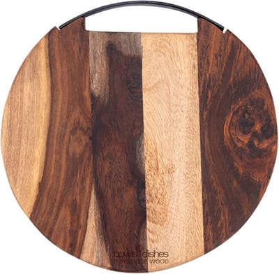 Bowls and Dishes Pure Rose Wood Duurzame Borrelplank | Tapasplank | Serveerplank rond | Kaasplankje 1 metalen handvat Ø 25 cm | cadeautip!