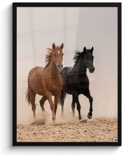 Poster in lijst - Fotolijst 60x80 cm - Posters - Kudde paarden - Stofwolk - Bruin - Zwart - Posterlijst zwart - Decoratie - Wanddecoratie woonkamer - Muurdecoratie slaapkamer