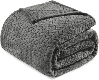 Dekbedovertrek Flanel Fleece Deken - 230x230CM Zacht Jacquard Bladpatroon en Pluche Grijs