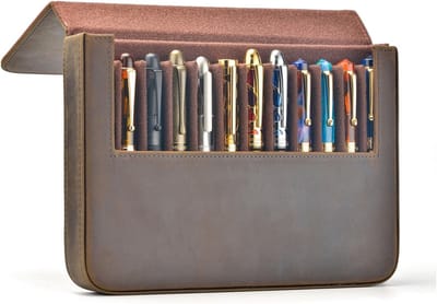 Handgemaakte leren pennecase in zwart, koffie en vintage kleuren - Retro en stijlvol ontwerp voor pennen en schrijfgerei