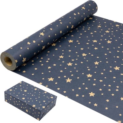 Verjaardags inpakpapier, 43 cm × 20 m, Blauw Kraftpapier met Sterren voor Feestjes, Kerst en Trouwen