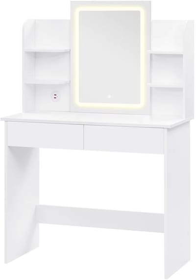 Witte Kaptafel met LED Spiegel - Verstelbare Helderheid & 2 USB Poorten - Moderne Make-up Tafel voor Slaapkamer