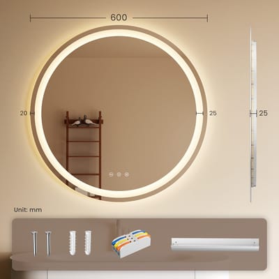 Auralum® Badkamerspiegel met LED Verlichting & Verwarming - Wandspiegel Rond - Anti Condens Douchespiegel - Dimbaar - 3000K/4500K/6500K - 60CM