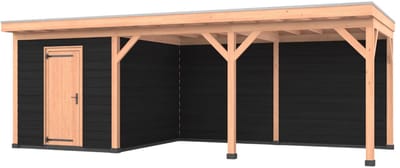 Douglas overkapping, 750 x 300, met zwarte schuur en achterwand, Westwood Comfort Plus