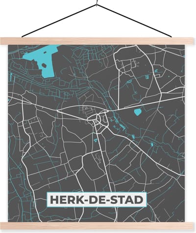 Posterhanger incl. Poster 40x40 cm - Schoolplaat - Kaart – Plattegrond – Stadskaart – Herk de Stad – België - Grijs - Textielposter - Blanke latten - Stadskaart