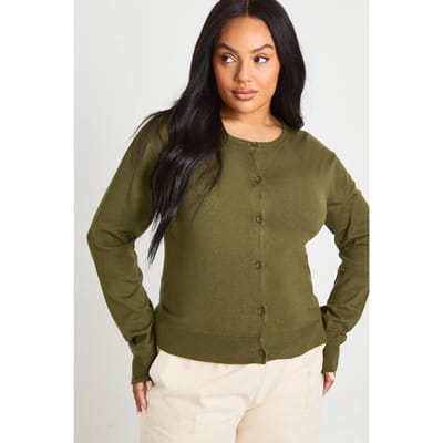 boohoo Dames PLUS Ronde hals cardigan met doorlopende knopen | Khaki | Maat: 22