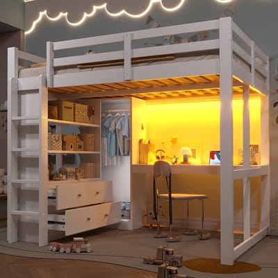 KOMHTOM Hoogslaper 140x200 met twee lades en planken bureau onder het bed ledverlichting en USB wit