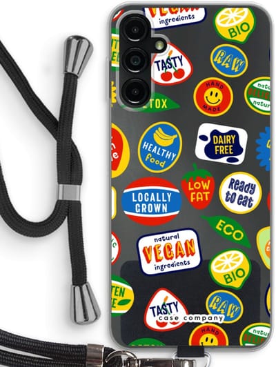 Case Company® - Hoesje met koord geschikt voor Samsung Galaxy A14 hoesje met Koord - Fruitsticker - Telefoonhoesje met Zwart Koord - Bescherming aan alle Kanten en Over de Schermrand