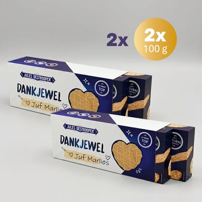 Jules Destrooper Koekjes in cadeauverpakking om iemand te bedanken – 2 sets van 2x100g met personaliseerbare ‘dankjewel’ hoes – een passend bedankingsgeschenk om iemand te verrassen