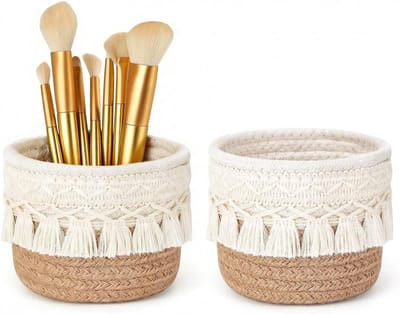 Opbergbakje - - Mini Opbergmand - Make-up Kwastenhouder - Mini Opbergmand van Katoenen Touw - Voor Kwasten, Pennen, Potloden - 2 stuks - Bruin