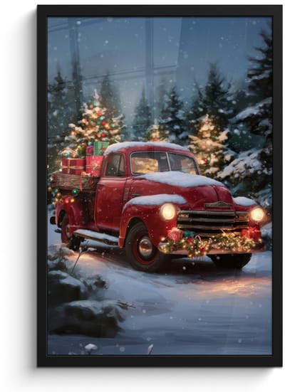Poster in lijst - Fotolijst 40x60 cm - Posters - Kersttruck - Sneeuwbos - Rood - Posterlijst zwart - Decoratie - Wanddecoratie woonkamer - Muurdecoratie slaapkamer - Kerstversiering - Kerstdecoratie voor binnen - Kerstmis