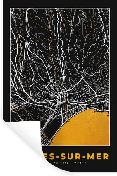 Muurstickers - Sticker Folie - Plattegrond - Cagnes-sur-Mer - Kaart - Frankrijk - Stadskaart - 20x30 cm - Plakfolie - Muurstickers Kinderkamer - Zelfklevend Behang - Zelfklevend behangpapier - Stickerfolie