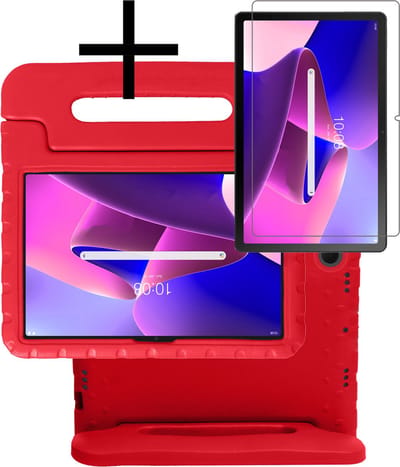 Hoes - Geschikt voor Lenovo Tab M10 Plus (3e / 3rd Generatie) - Met Screenprotector - Kinderhoes Shockproof Bumper - Kidsproof Case - Tablet Hoesje - Kinder Cover - Rood