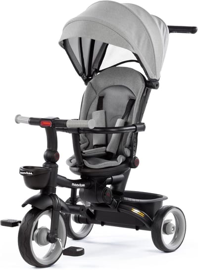 Kinder Driewieler met Duwstang vanaf 1 Jaar – 360° Draaiende Zitting, 4-in-1 Multifunctionele Loopfiets – Veilig met 3-Puntsgordel en Veiligheidsbeugel – Grijs
