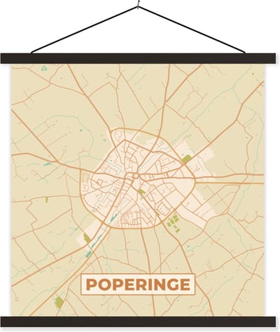 Posterhanger incl. Poster 60x60 cm - Schoolplaat - Kaart - Stadskaart - Plattegrond - België - Poperinge - Textielposter - Zwarte latten - Stadskaart