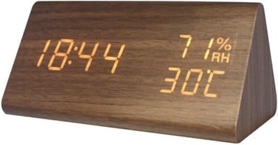 TIN-IN - Digitale Tafelklok - Bureauklok met Houtlook - Temperatuur en Luchtvochtigheidsmeter - Donker hout + Witte cijfers - Wekker - Slaapkamer en Bureau