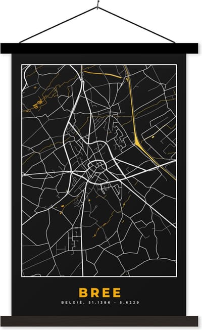 Posterhanger incl. Poster 40x60 cm - Schoolplaat - Bree - Gold - Stadskaart - Plattegrond - Kaart - Textielposter - Zwarte latten - Stadskaart