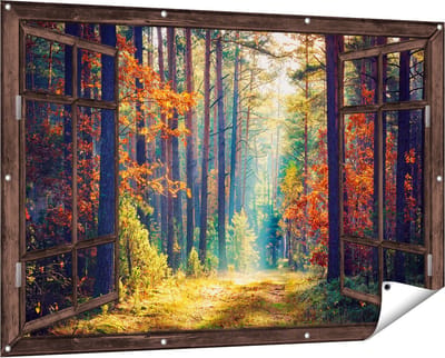 Gards Tuinposter Doorkijk Herfstbos met Zonneschijn - Kleur - 150x100 cm - Tuindoek - Tuindecoratie - Wanddecoratie buiten - Tuinschilderij