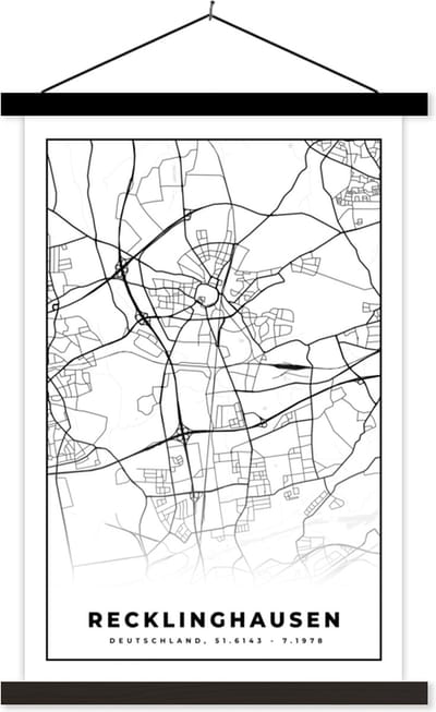 Posterhanger incl. Poster 40x60 cm - Schoolplaat - Plattegrond - Recklinghausen - Kaart - Stadskaart - Textielposter - Zwarte latten - Stadskaart