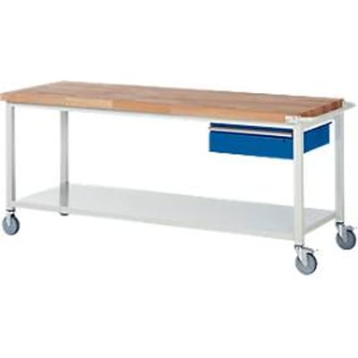 Werkbank serie 8001, verrijdbaar, neerlaatbaar, schuiflade, B 2000 x D 700 x H 880 mm