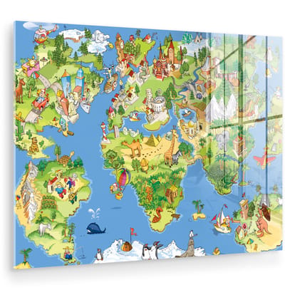 ® Glasschilderij 160x120 cm - Schilderij acrylglas - Wereldkaart - Kinderen - Natuur - Dieren - Blauw - Groen - Foto op glas - Muurdecoratie woonkamer - Wanddecoratie slaapkamer - Schilderijen