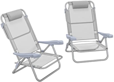 Set van 2 Opklapbare Campingstoelen - Ligbed met Hoofdsteun - Ligstoel met 6-standen Verstelbare Rugleuning - Tuinstoel - Strandstoel - tot 120 kg - Zonnebed - Relaxstoel voor Tuin, Terras, Zwembad & Balkon - Lichtgrijs