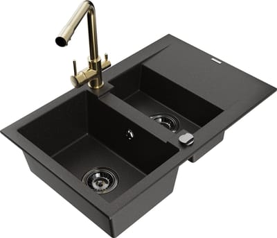 Mexen Gaspar granieten spoelbak 1,5-komorig met afdruiprek en keukenkraan Duero, zwart/goud - 6507-75-671600-50-B