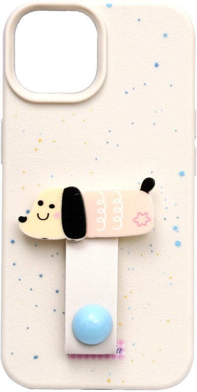Casemania Hoesje Geschikt voor Apple iPhone 11 - Beige - Siliconen Back Cover met Vingerhouder - Hondje Telefoonhoesje met Ring - Puppy Softcase Backcover - Telefoon Grip - Kinderen