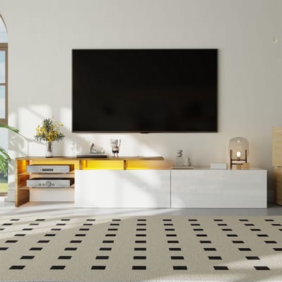 MODFU TV-meubel 170x33x33,5 cm van spaanplaat, hoogglans wit en houtaccent, met glazen planken en 16-kleur LED