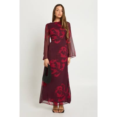 boohoo Dames Bloemen slipjurk met lange mouwen | Bordeaux Rood | Maat: 44