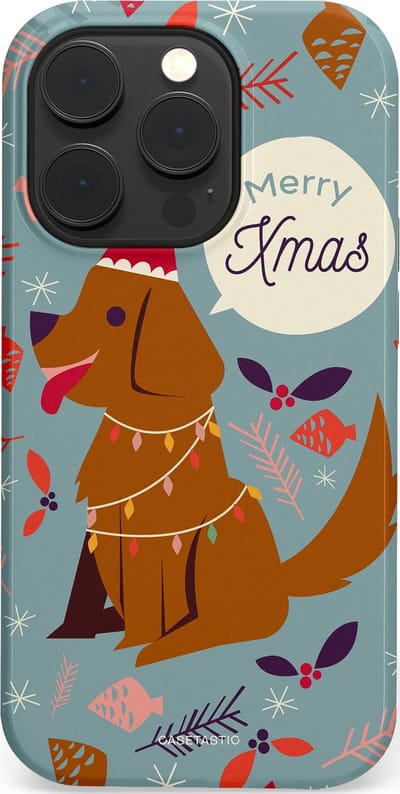 Casetastic hoesje geschikt voor Apple iPhone 14 Pro - MagSafe - Dubbellaagse bescherming - Merry Christmas Hond - Fashion Case - Zilver Bruin Saliegroen Rood