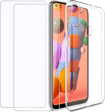 Soft Back Cover Hoesje Geschikt voor: Samsung Galaxy A11 - zwart TPU Siliconen Case & 2X Tempered Glas Combi - Transparant