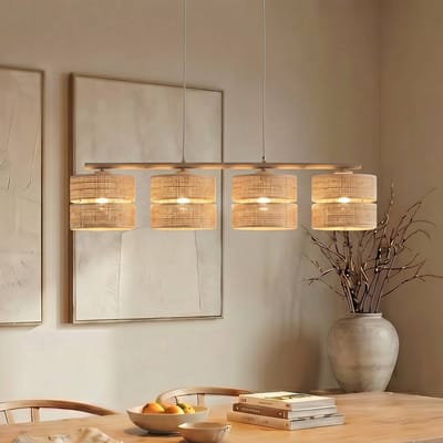 TK Lighting Hanglamp Calma, 4-lamps, beige, raffia, lengte 95 cm