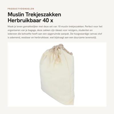 Dailygoods- Trekkoordzak Set van 10 - 40 x 30 cm - Katoenen Opbergtas - Ademend en Wasbaar - Reusable Reis Organizer - Trekkoord Sluiting - Opbergzak