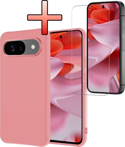Hoesje - Met Screenprotector - Geschikt voor Google Pixel 9 - Sterk & Shockproof - Back Cover - Siliconen Case - Telefoon Hoes - Lichtroze