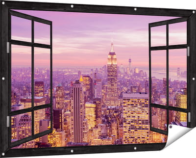Gards Tuinposter Doorkijk New York Skyline met Lichten bij Zonsondergang - 150x100 cm - Tuindoek - Tuindecoratie - Wanddecoratie buiten - Tuinschilderij