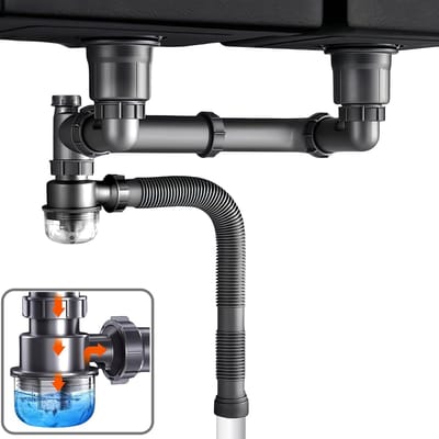 Afvoer Pijpset - Dubbele Gootsteen Kit - Ruimtebesparend Monteren - Flexibel Verstelbaar - 20 Inch Lengte - Grijs