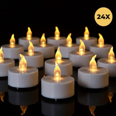 Lomera LED Theelichtjes - Theelichtjes met Timer - Flikkerende Vlam - Waxinelichtjes op Batterijen - Warm Wit LED - 24 Stuks - Realistisch Vlammetje - Batterijen - Sfeervol Licht - Automatische Uitschakeling - Waxinelichtjes LED - Kaars - Kaarsjes