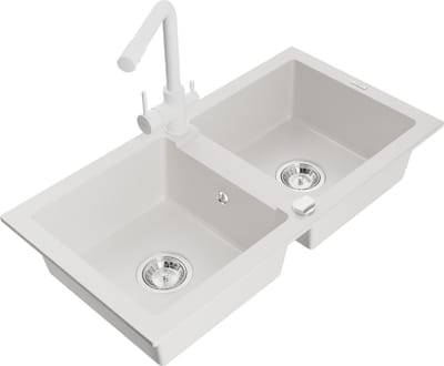 Mexen Mario granieten gootsteen 2-kamer met keukenkraan Duero, wit - 6504-20-671600-20