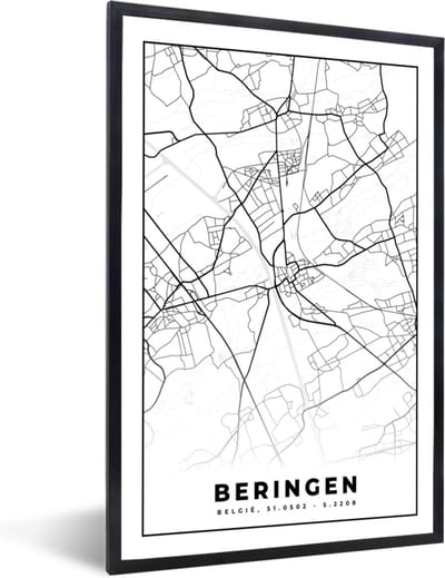 Fotolijst incl. Poster Zwart Wit- België – Beringen – Stadskaart – Kaart – Zwart Wit – Plattegrond - 40x60 cm - Posterlijst