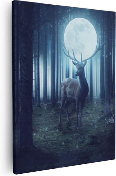 Artaza Canvas Schilderij Hertenkop Met Gewei - 40x50 cm - Wanddecoratie Bos - Muurdecoratie Nacht - Kamer Accessoires Mystiek