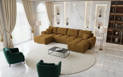 U-vorm Hoekbank met Slaapfunctie en Opbergruimte – Fluwelen Slaapbank 365x189 cm – Luxe Uittrekbare Bedbank met Kussens – Mosterdgeel Velvet Bank – Novihome