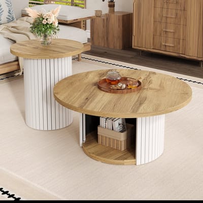 MODENUIT Salontafelset - Dubbel Rond Ontwerp Met Opbergruimte - Voor Woonkamer - MDF Naturel - 75x75x50/45x45x35 Cm