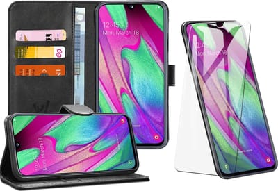 Hoesje geschikt voor Samsung Galaxy A40 - Screen Protector GlassGuard - Book Case Kunstleer Pasjeshouder Zwart & Screenprotector