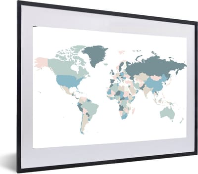 Poster in lijst - Fotolijst 60x40 cm - Posters - Wereldkaart - Simpel - Pastel - Posterlijst zwart - Decoratie - Wanddecoratie woonkamer - Muurdecoratie slaapkamer