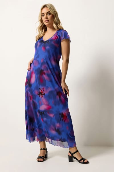 Yours Kobaltblauwe Mesh Maxijurk Met Bloemenprint Size 42